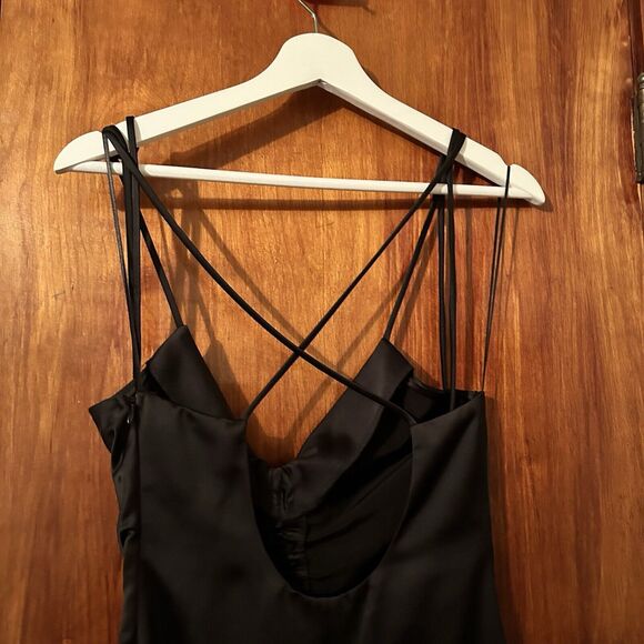 Jason Wu Dress Black Satin Midi Women's Small Ruched Silky Slip Strappy Back Tie - Picture 8 of 11